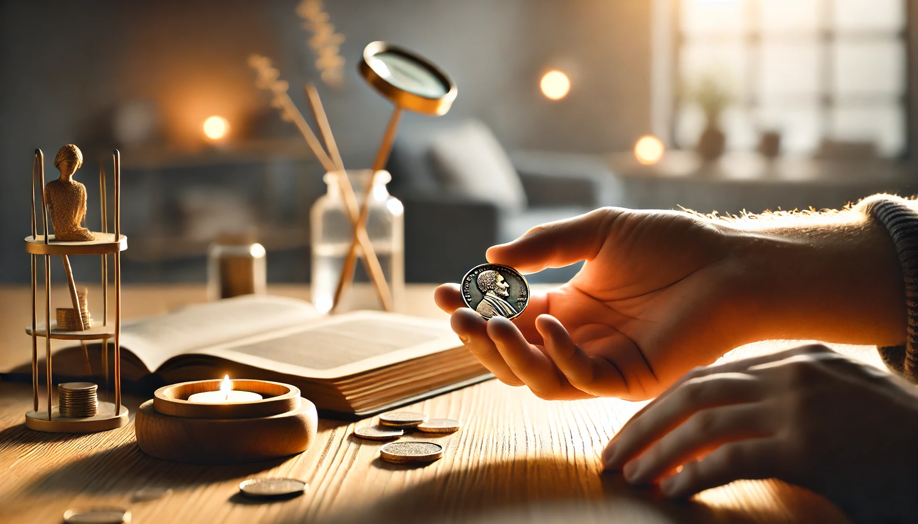 close-up of hands holding a coin in a cozy modern interior. The person examines the coin closely, highlighting the coin's fine details and historical markings.