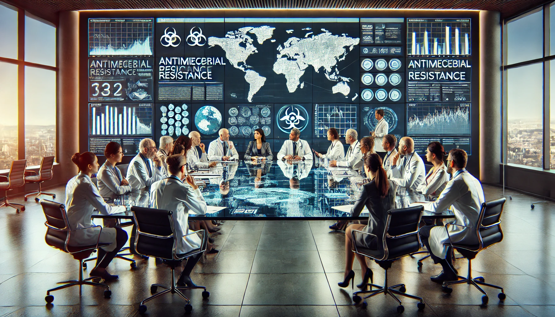a multidisciplinary team of experts, including healthcare providers, environmental scientists, and policymakers, in a high-tech conference room.