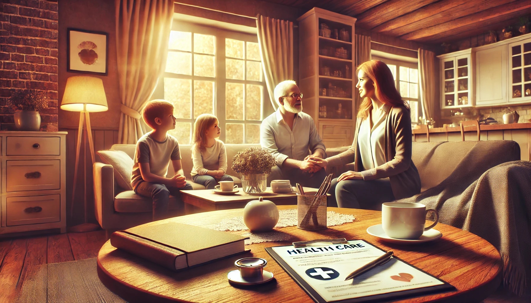 a family in a cozy living room setting, engaging in a conversation about health care.
