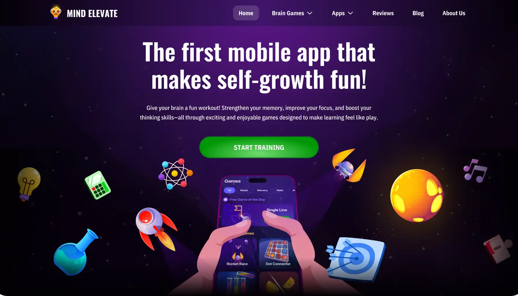 Mind Elevate hero section with tagline, Start Training button, and game icons.