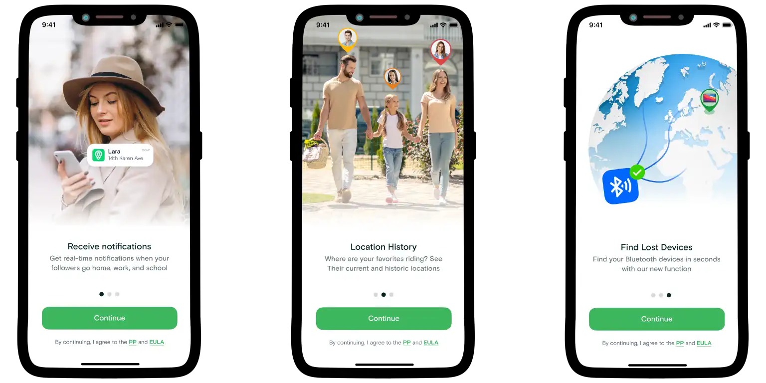 Three app screens showing notifications, location history, and Bluetooth device finder.