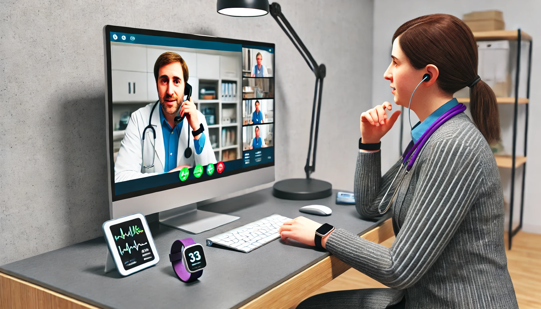 the doctor is in a modern, well-lit office, using a computer to talk to a patient who is at home, also in a well-lit room, sitting comfortably with a laptop