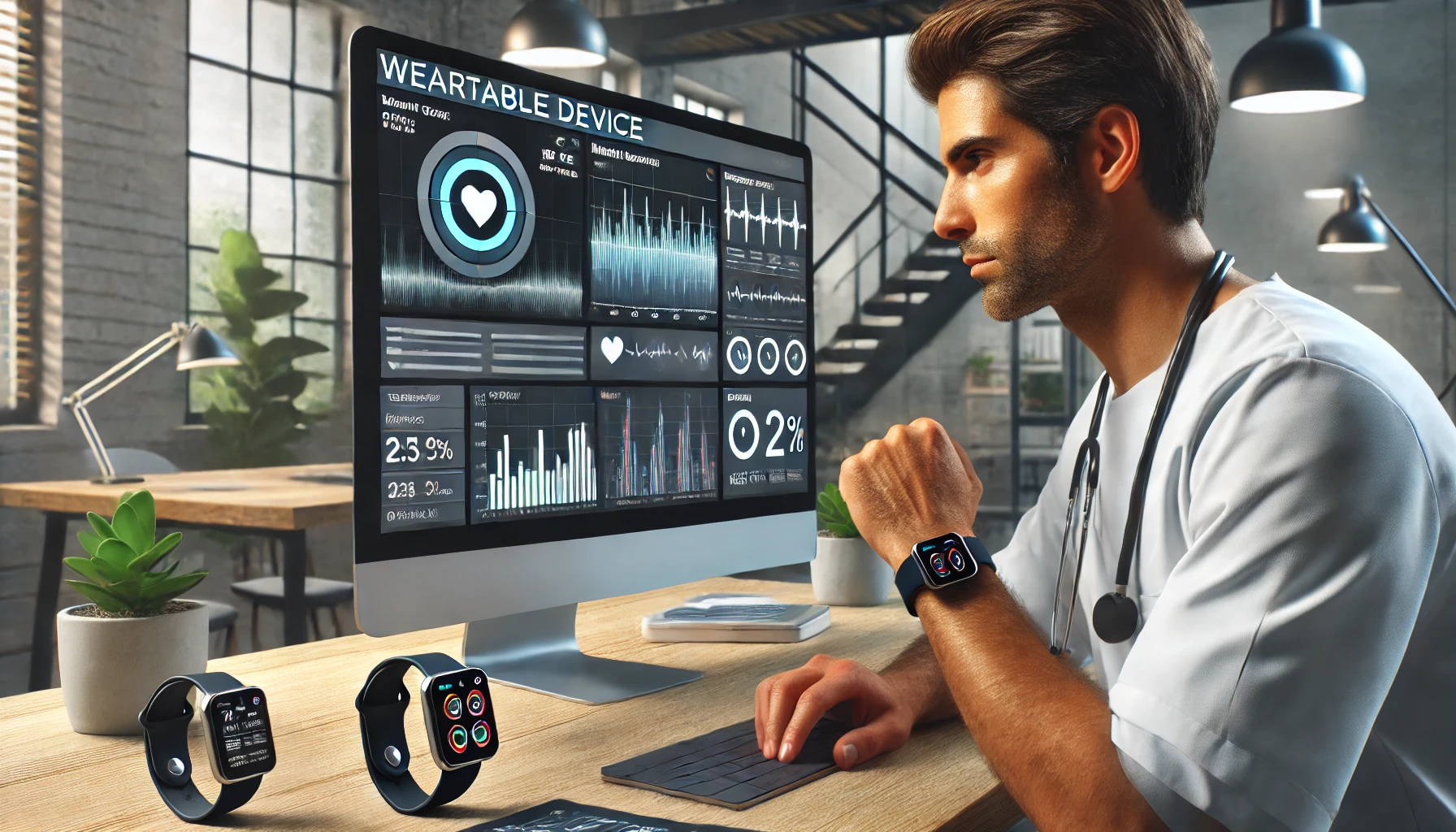 a healthcare professional analyzing data from a wearable device on a computer