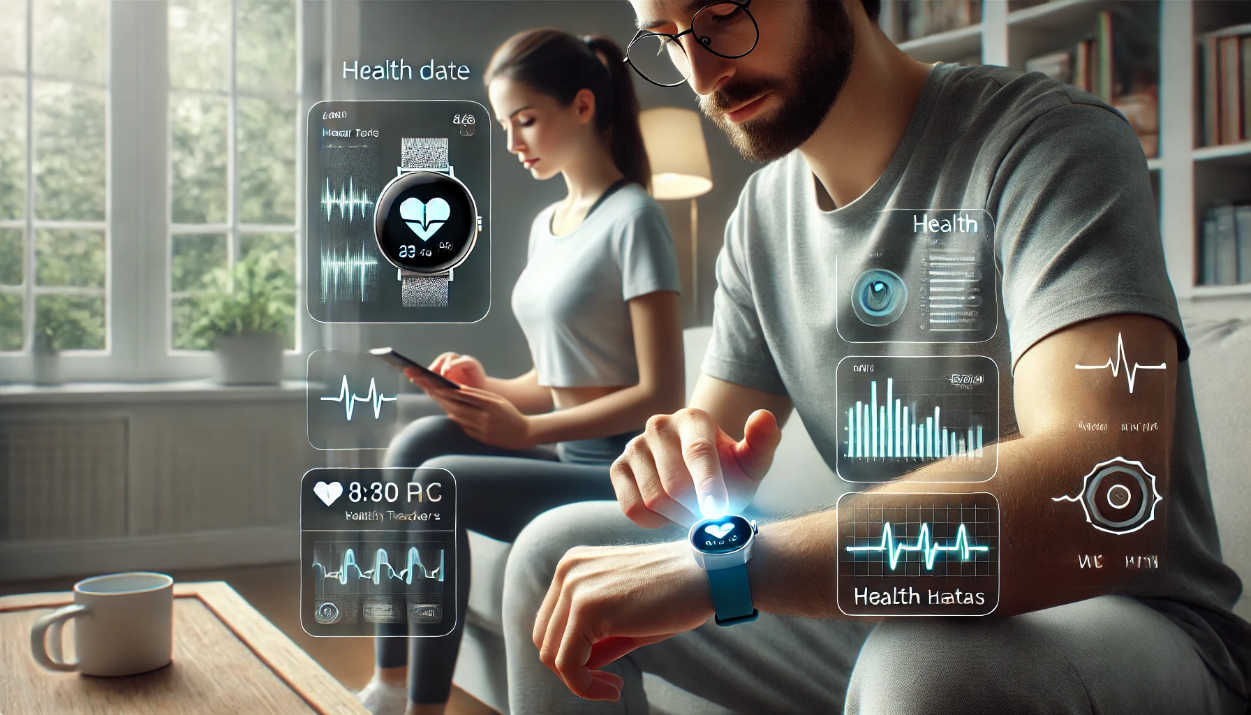 a patient using various wearable devices like a smartwatch and a fitness tracker at home