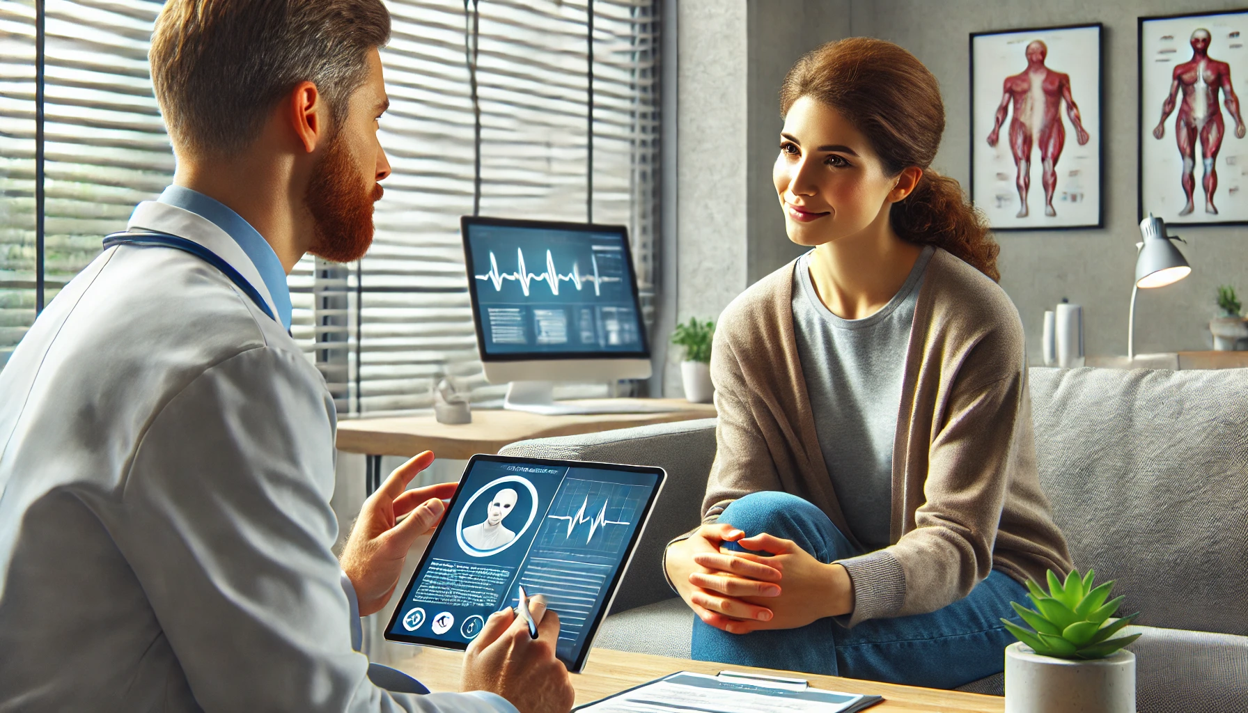 healthcare professional engaging with a patient in a comfortable, modern office setting