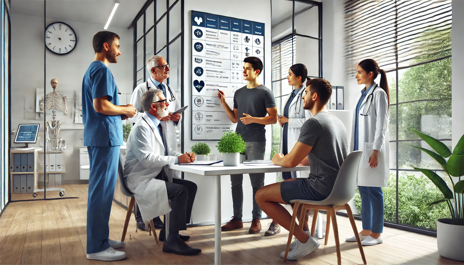 a patient interacting with a healthcare team in a bright, well-lit clinic