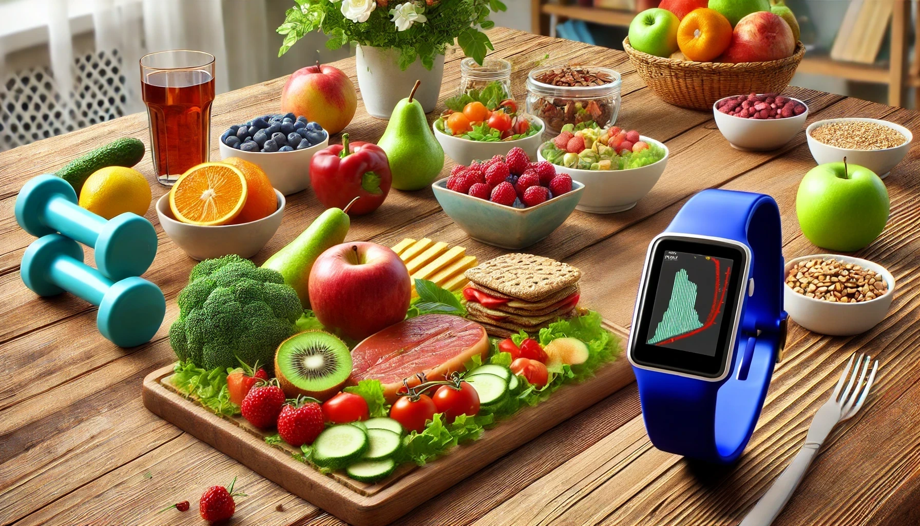 A balanced meal with a variety of colorful fruits, vegetables, whole grains, and lean proteins arranged on a wooden table. 